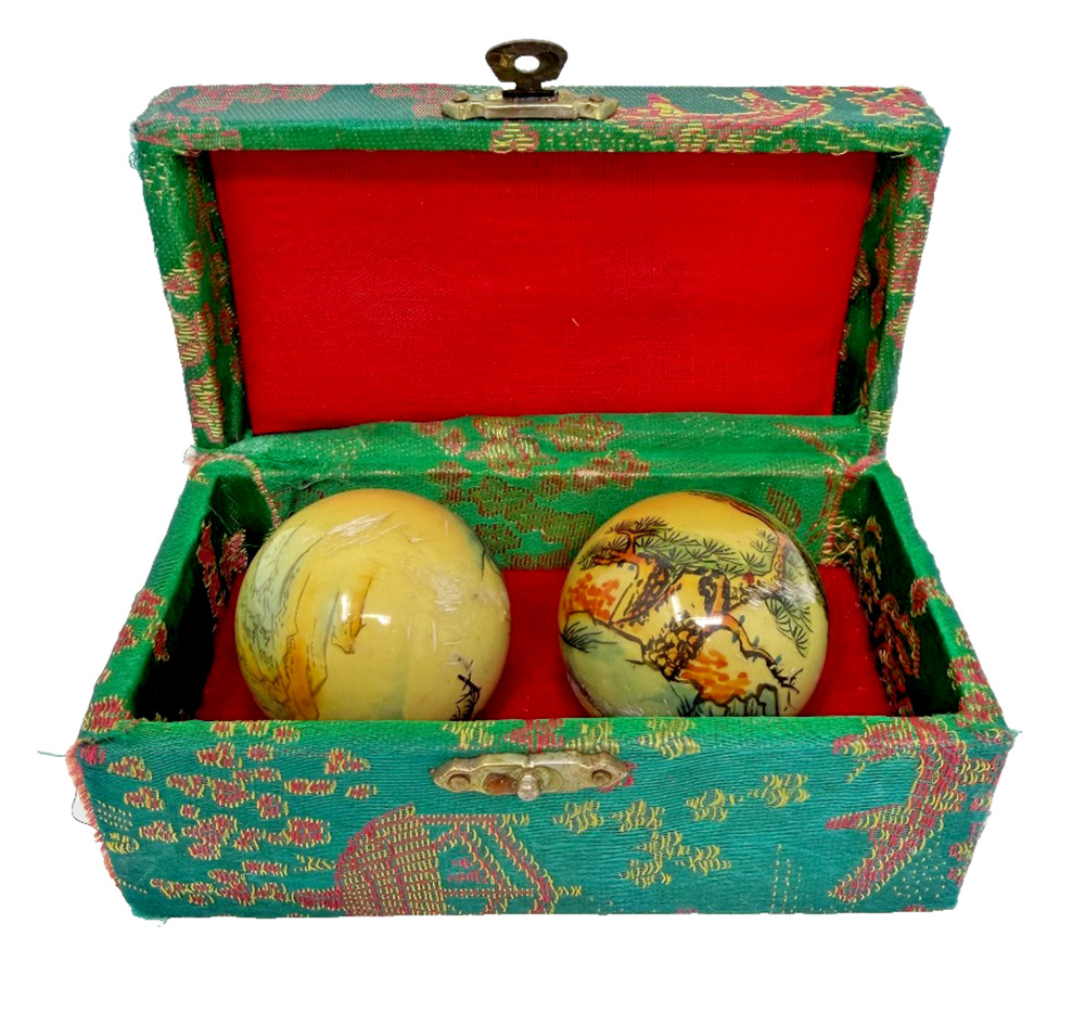 Chinese Hand Painted Baoding Health Meditation Balls w Fabric Box Pair Read